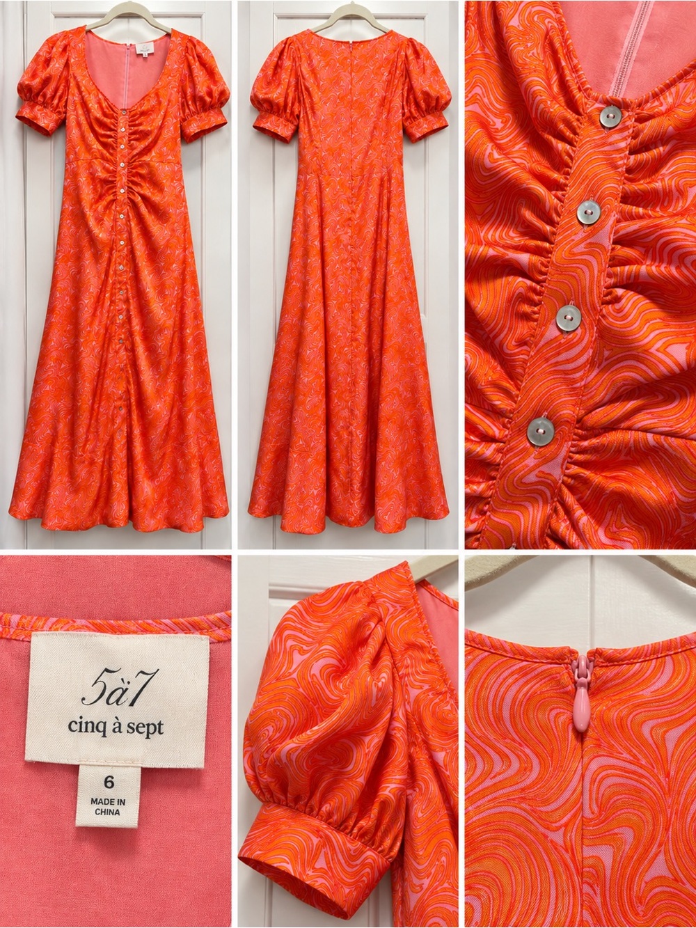 Cinq à Sept Orange Pink Swirl Ruched Button Front Dress Size 6